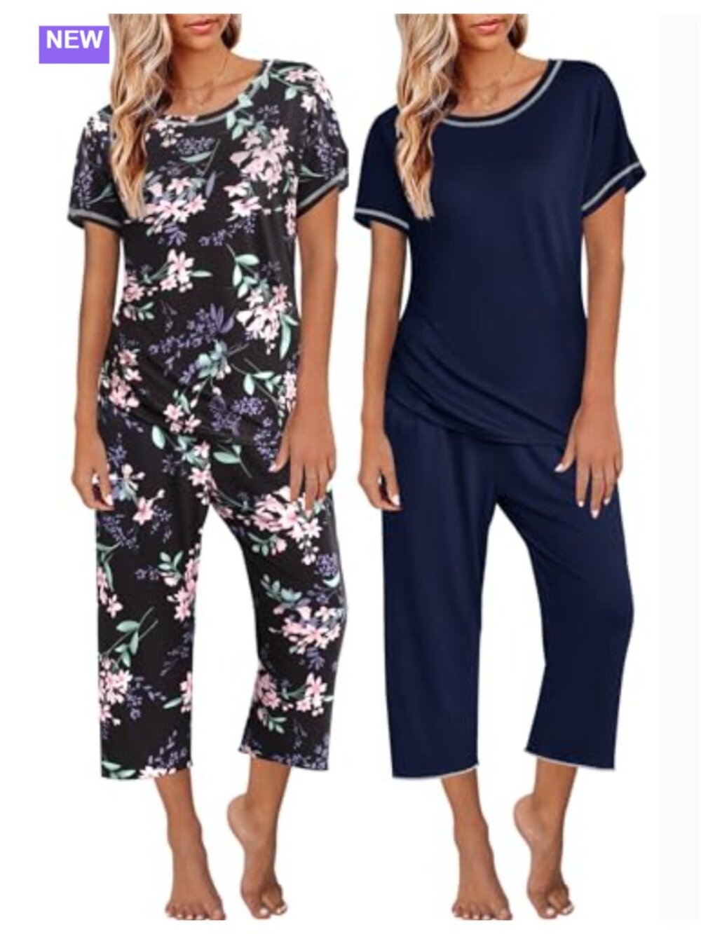 2 Pack Womens Pajama Sets Short Sleeve Tops Capri Pants Sleepwear Loungewear